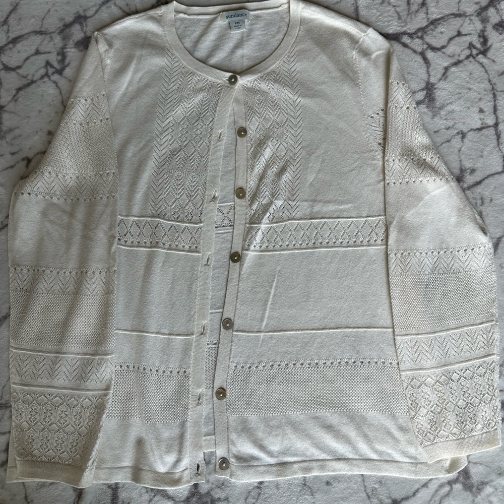 Sundance Cardigan M Beige Open Knit Crochet with buttons/ Resort Wear, Coastal